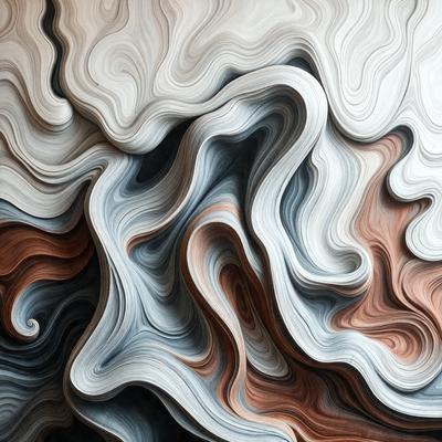 The primary subject of the image is a large, abstract painting featuring a mix of white, gray, and brown colors. The painting appears to be a digital artwork, with a visually striking and textured appearance. The setting or background of the image is a wall, which serves as the canvas for the artwork. The overall atmosphere of the painting is one of intricacy and depth, with the artist's skillful use of color and texture creating a captivating visual experience.